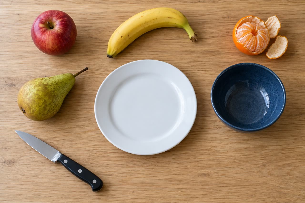 Een tafel met fruit, een bord, een kom en een mes