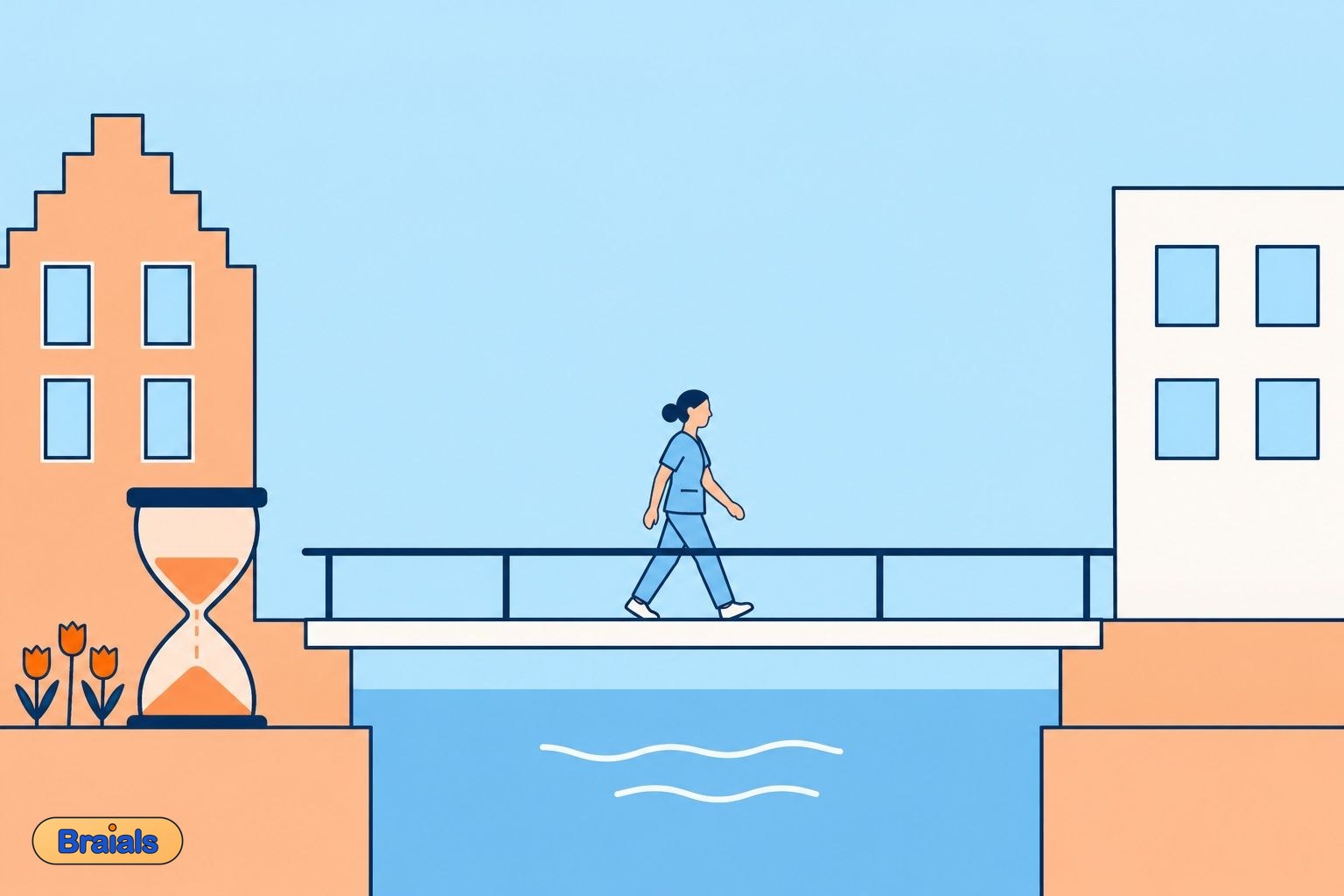 Een zorgmedewerker loopt rustig over een brug van oud naar nieuw
