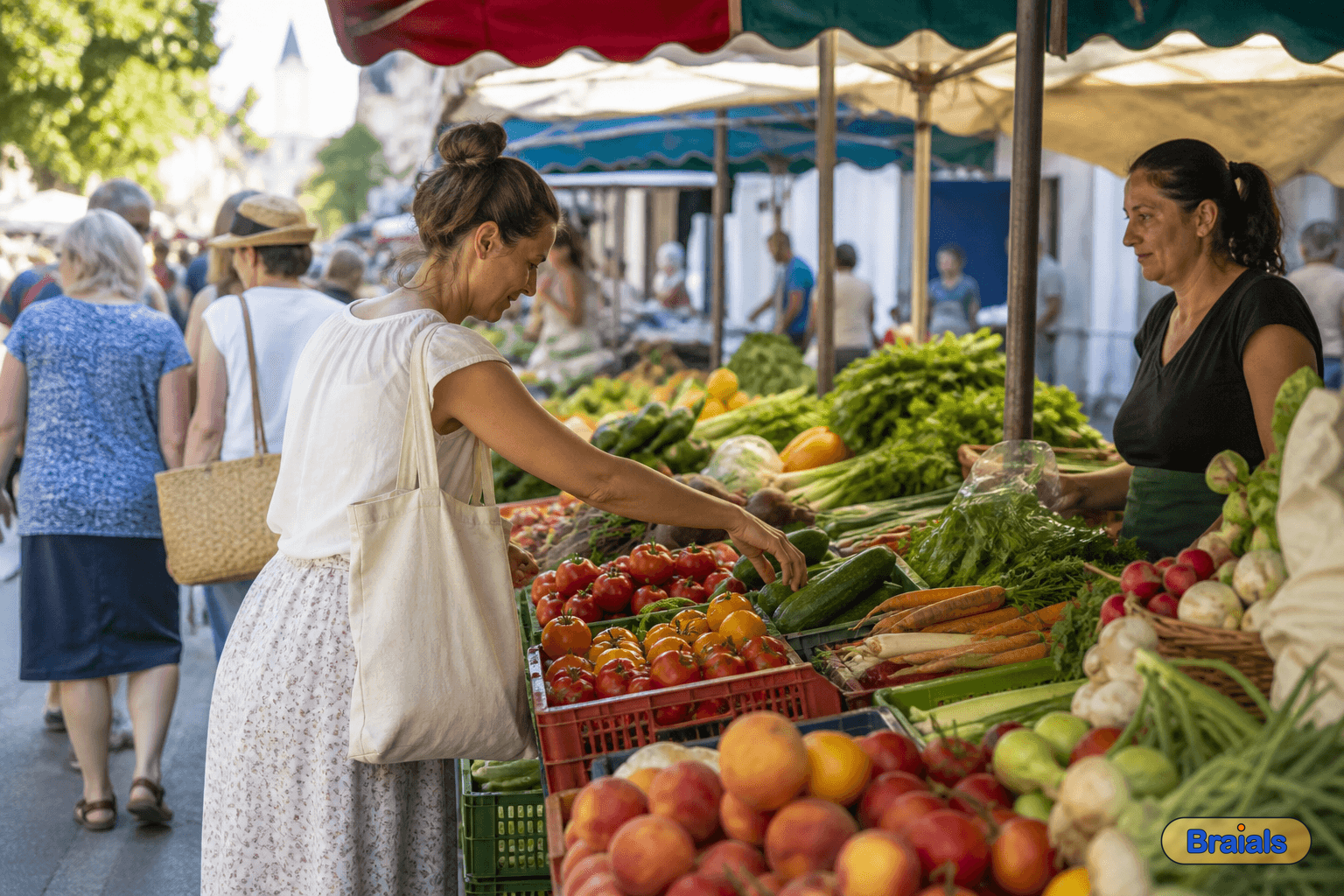Een drukke buitenmarkt, mensen kopen groente en fruit bij kramen.