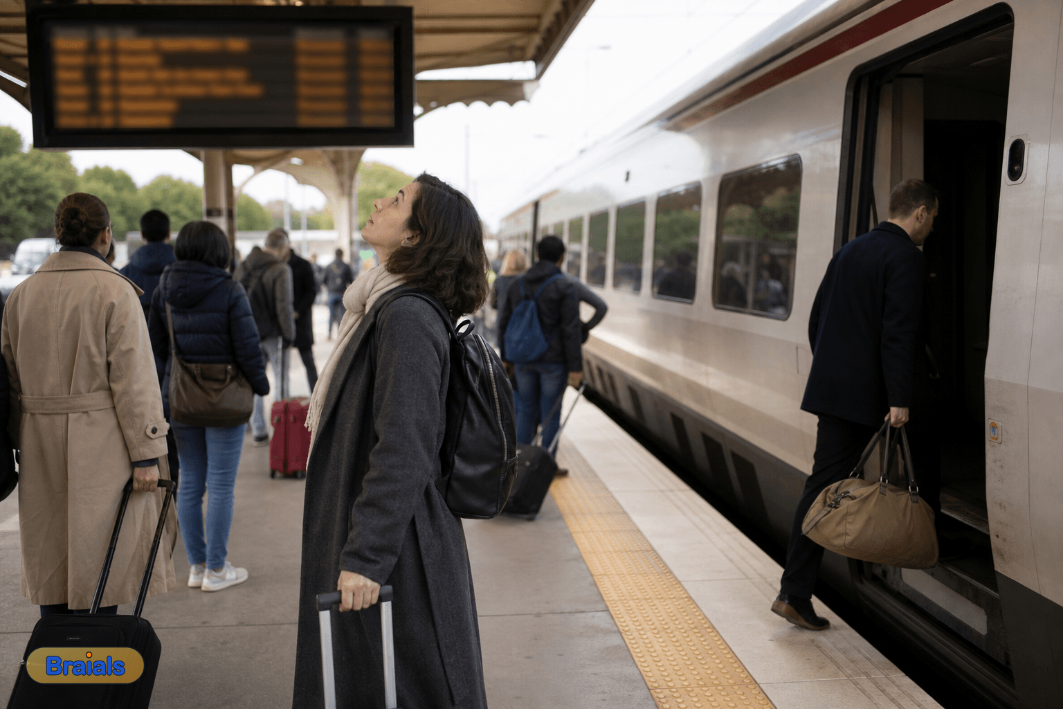 Mensen wachten op een treinstation, iemand stapt in de trein.