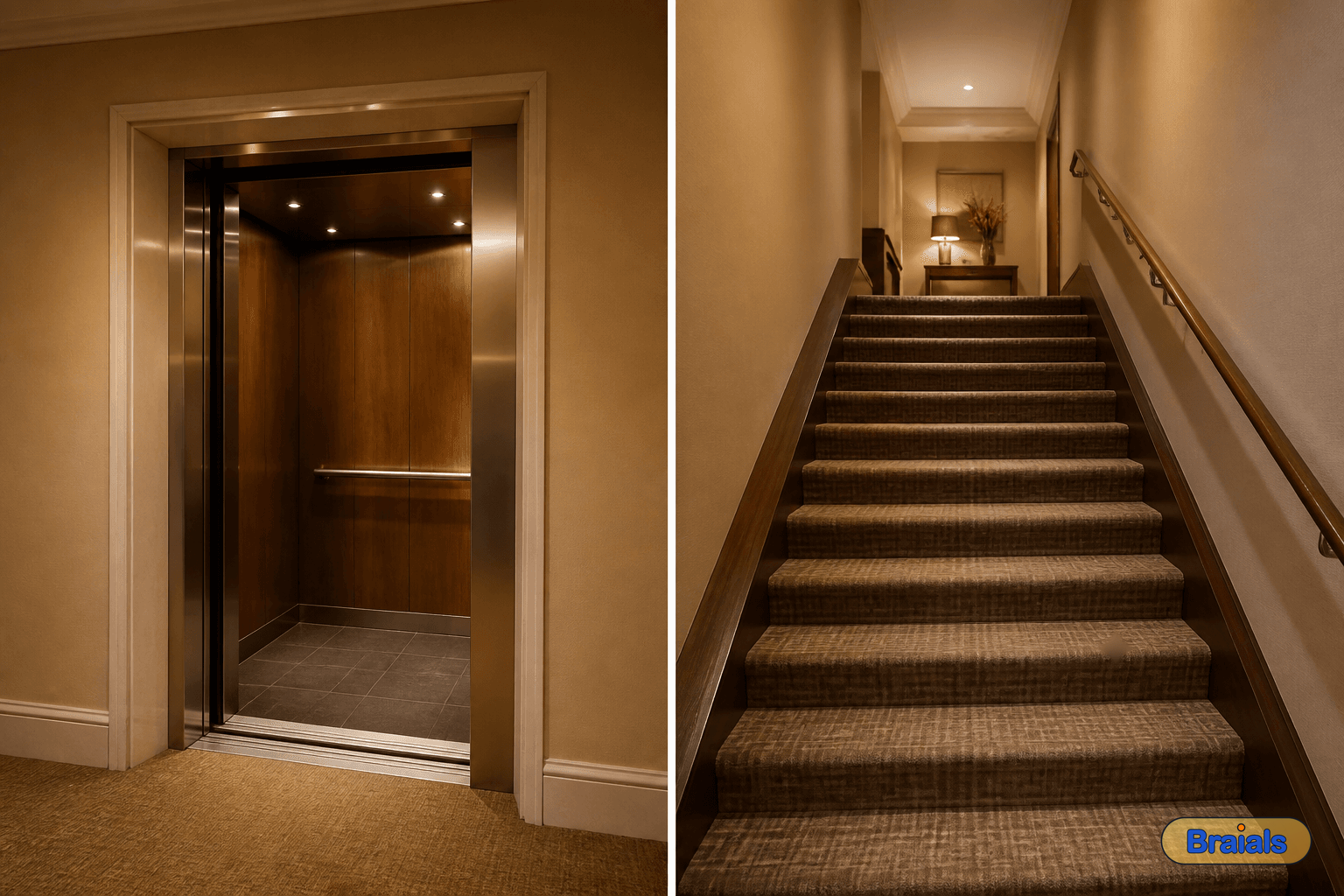 Twee plaatjes: links een lift, rechts een trap, in een hotel.