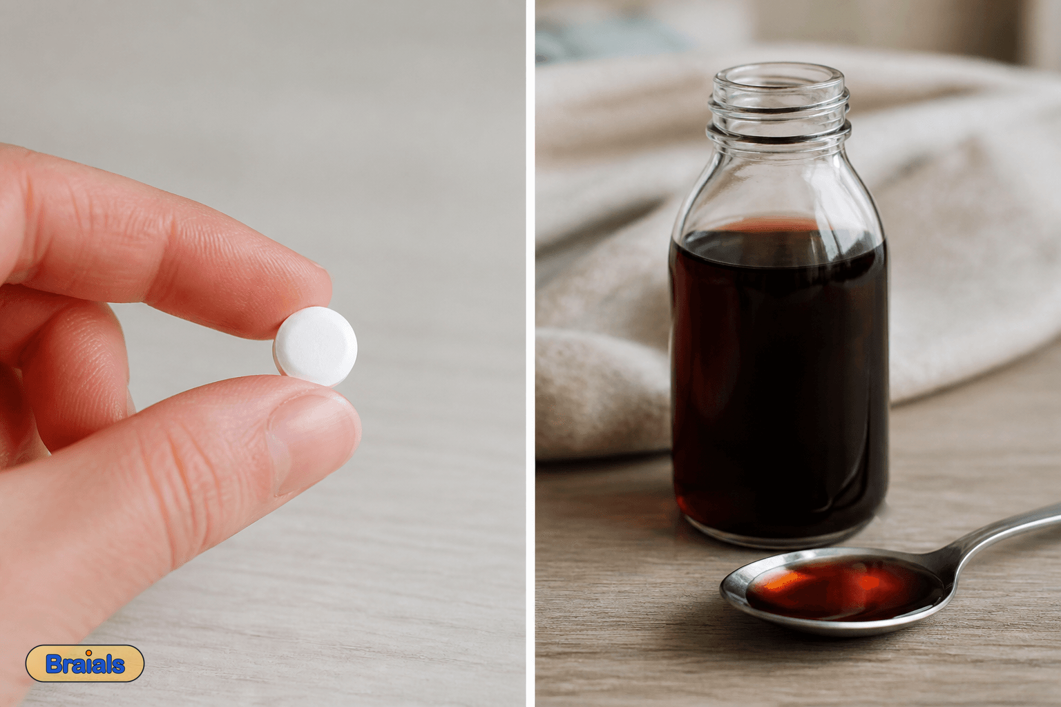Twee plaatjes: links een pil, rechts een fles hoestsiroop met lepel.