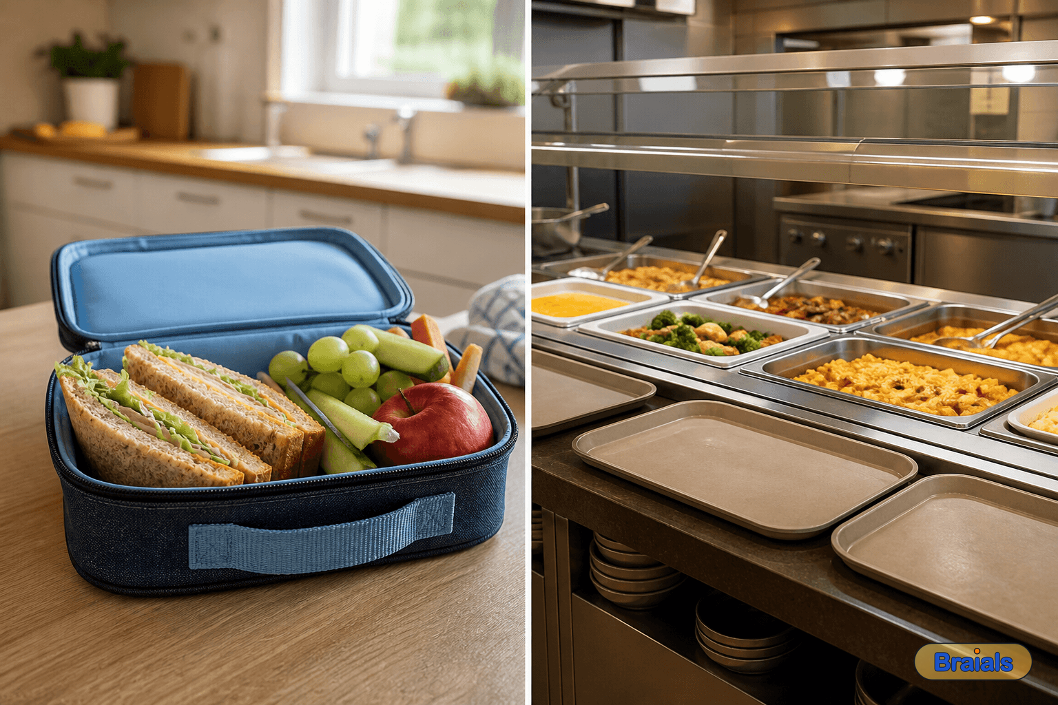 Twee plaatjes: links een lunchtrommel van huis, rechts een kantine.