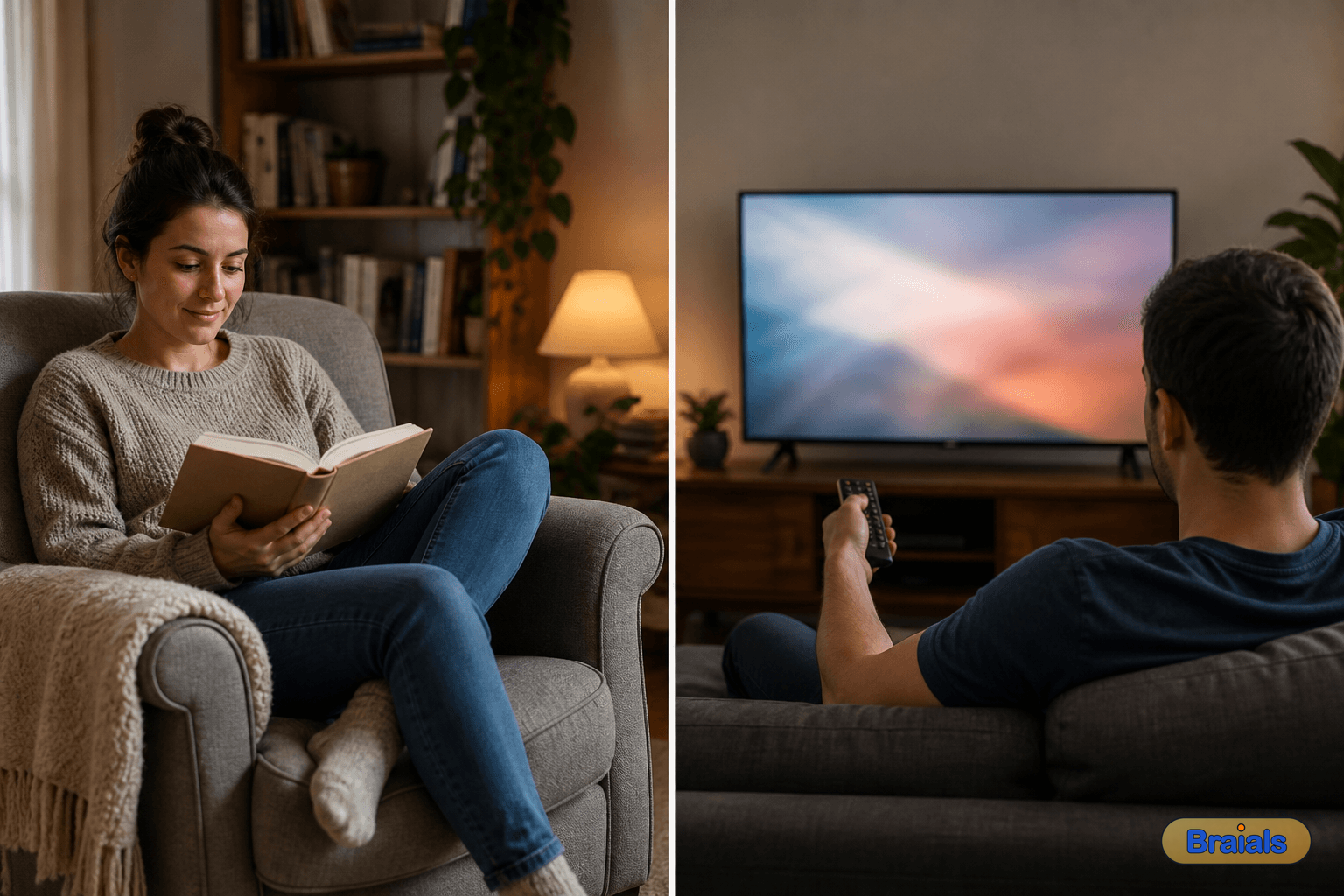 Twee plaatjes: links iemand die een boek leest, rechts iemand die televisie kijkt.