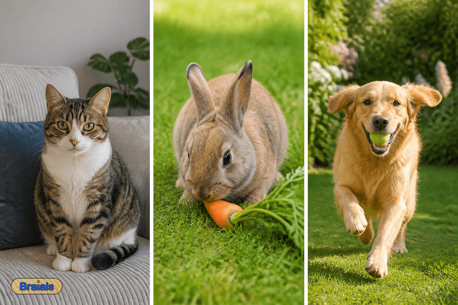 Drie plaatjes: een kat, een konijn en een hond.