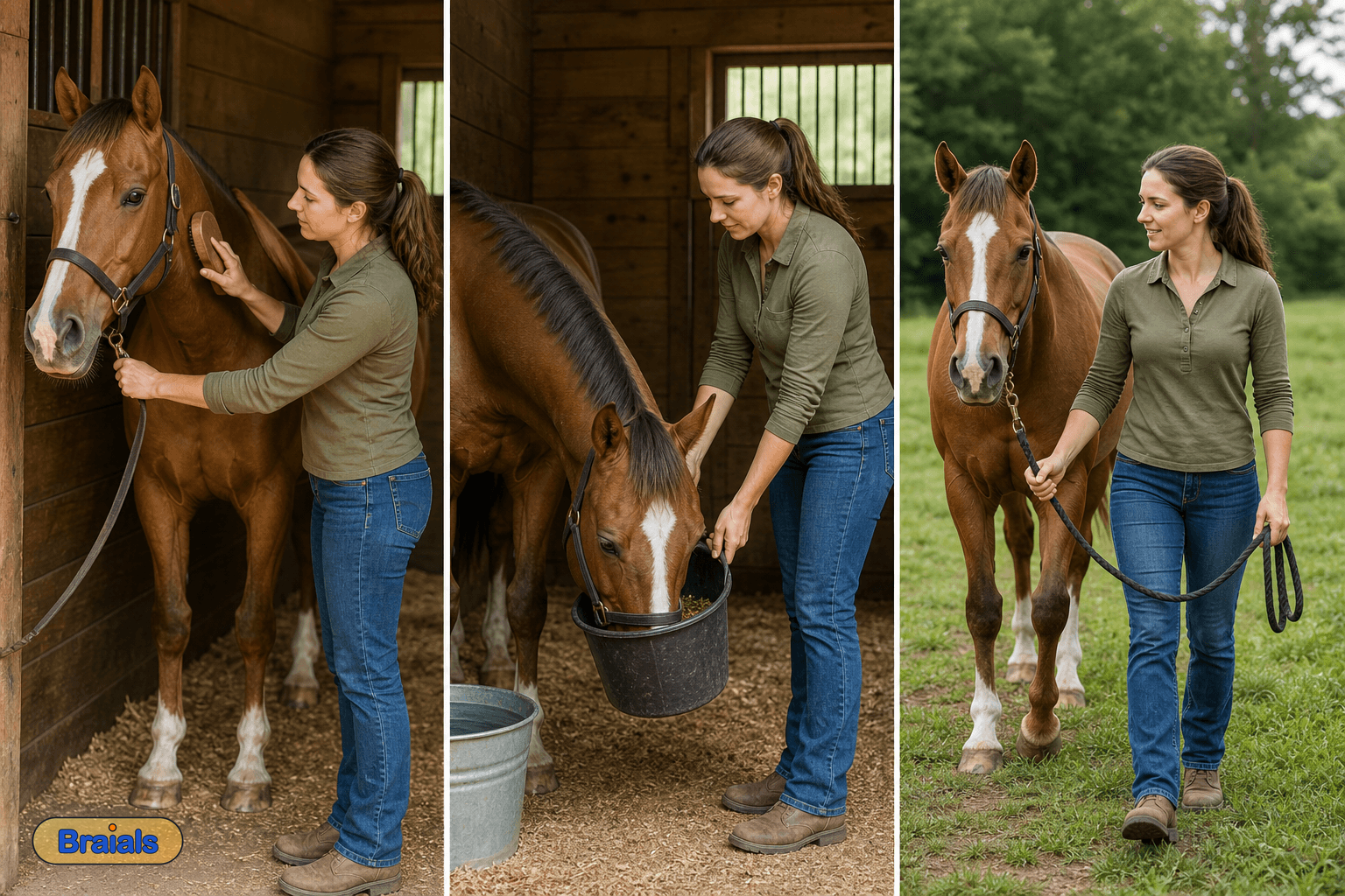 Drie plaatjes na elkaar: een vrouw borstelt een paard, geeft het eten, brengt het naar de wei.