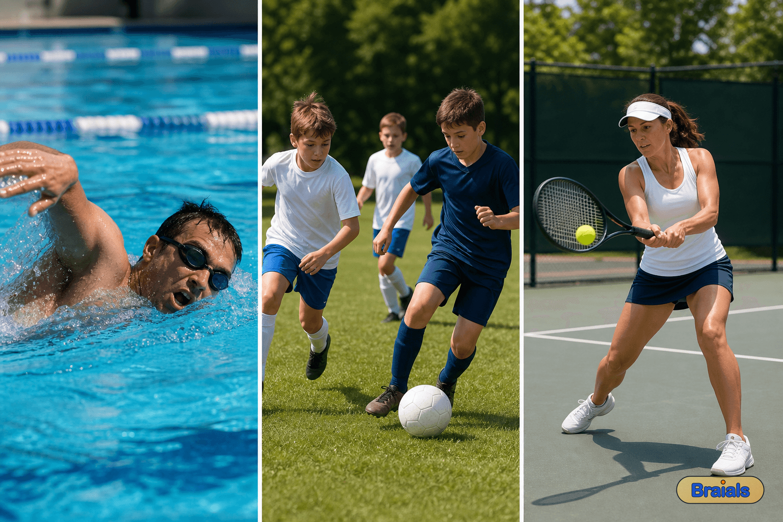 Drie plaatjes: iemand zwemt, kinderen voetballen, een vrouw speelt tennis.